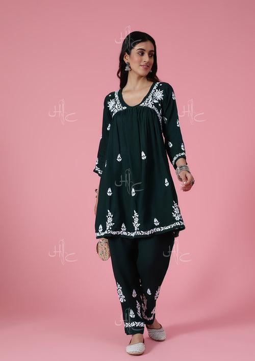 Modal Chikankari Solid Women's 2 PC Short Kurta Set - Dark Green