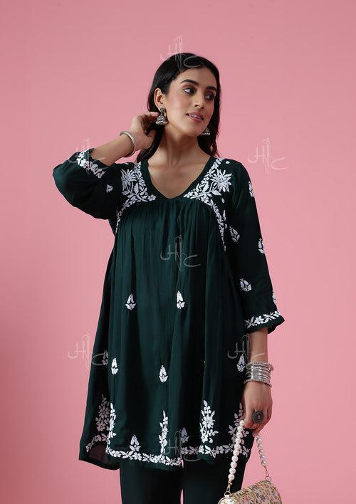 Modal Chikankari Solid Women's 2 PC Short Kurta Set - Dark Green