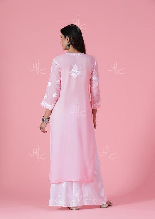 Modal Chikankari Solid Women's Long Kurta - Light Pink