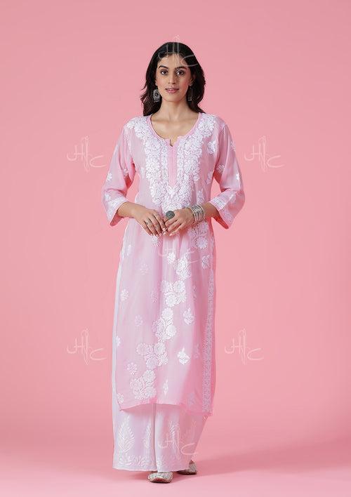 Modal Chikankari Solid Women's Long Kurta - Light Pink