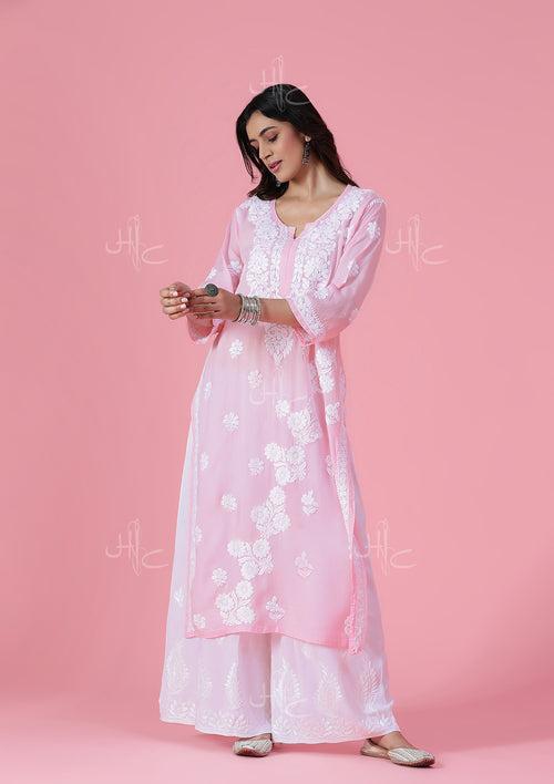 Modal Chikankari Solid Women's Long Kurta - Light Pink