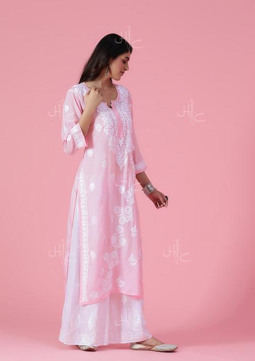 Modal Chikankari Solid Women's Long Kurta - Light Pink