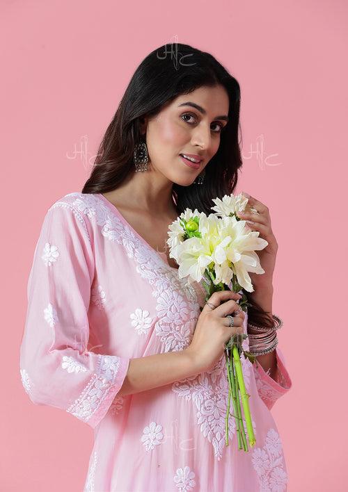 Modal Chikankari Solid Women's Long Kurta - Light Pink