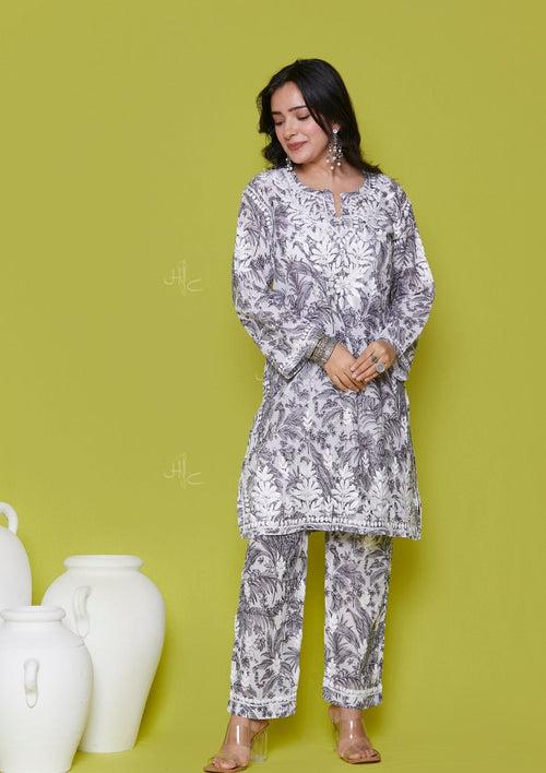 Mulmul Chikankari Printed Women's 2 PC Short Kurta Set - Grey