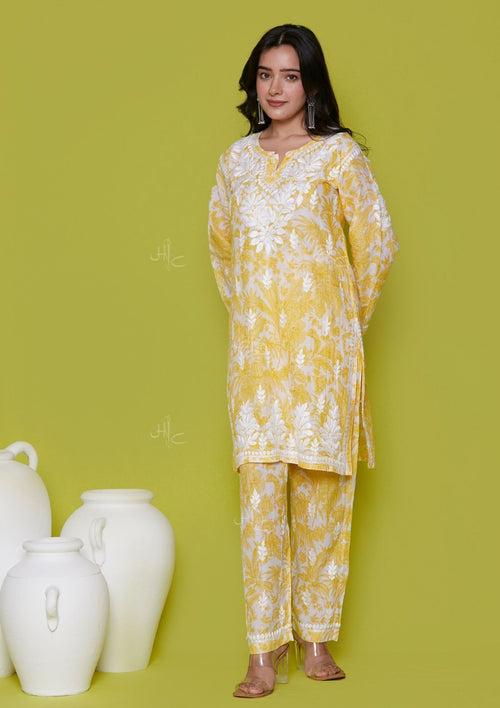 Mulmul Chikankari Printed Women's 2 PC Short Kurta Set - Yellow