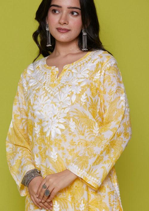 Mulmul Chikankari Printed Women's 2 PC Short Kurta Set - Yellow