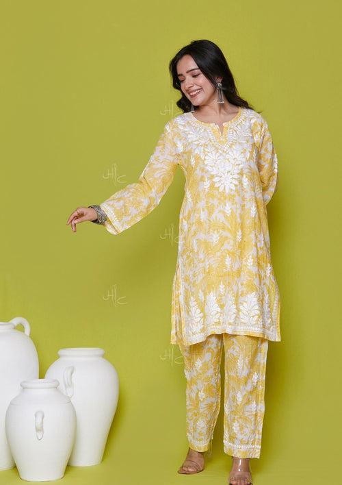 Mulmul Chikankari Printed Women's 2 PC Short Kurta Set - Yellow