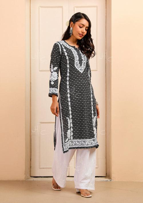 Mulmul Chikankari Printed Women's Kurta - Black