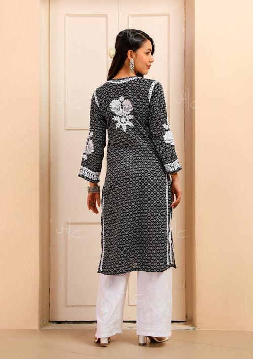 Mulmul Chikankari Printed Women's Kurta - Black