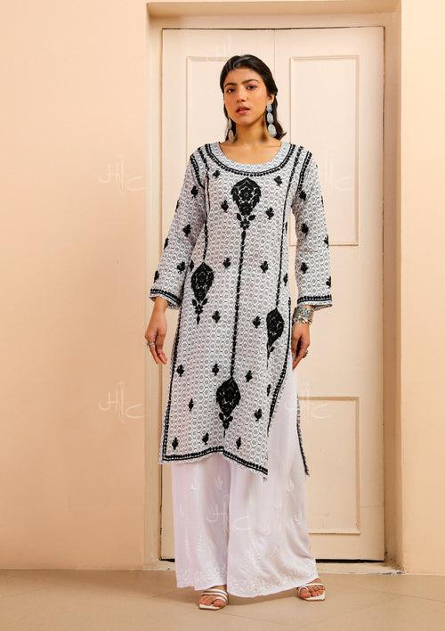 Mulmul Chikankari Printed Women's Kurta - White