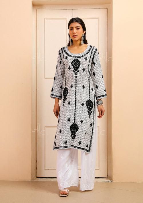 Mulmul Chikankari Printed Women's Kurta - White