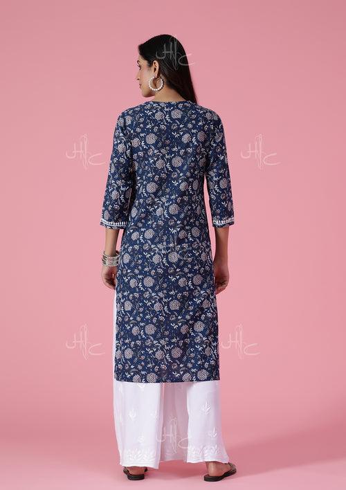 Cotton Chikankari Printed Women's Long Kurta - Blue