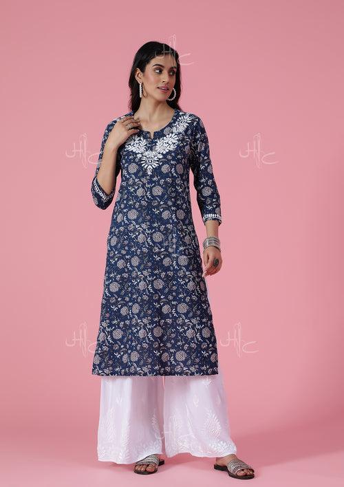 Cotton Chikankari Printed Women's Long Kurta - Blue