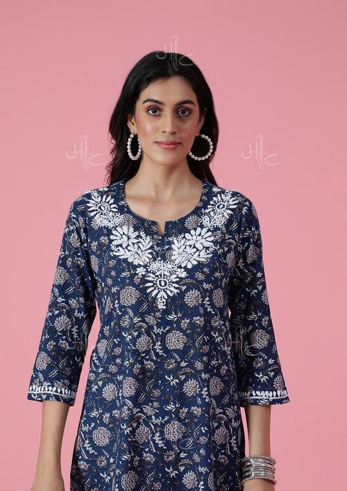 Cotton Chikankari Printed Women's Long Kurta - Blue