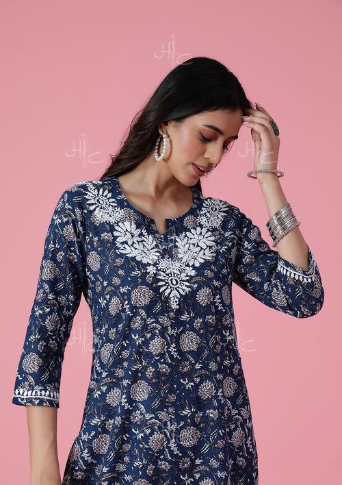 Cotton Chikankari Printed Women's Long Kurta - Blue