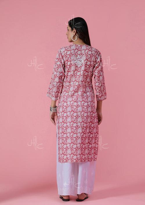 Cotton Chikankari Printed Women's Long Kurta - Dark Pink