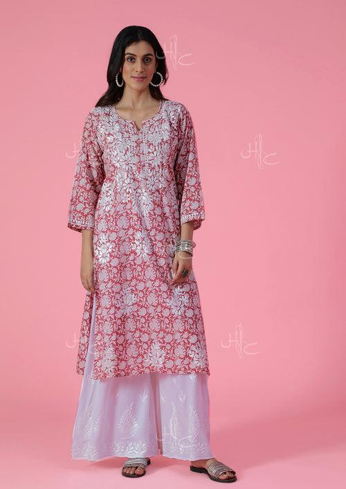 Cotton Chikankari Printed Women's Long Kurta - Dark Pink