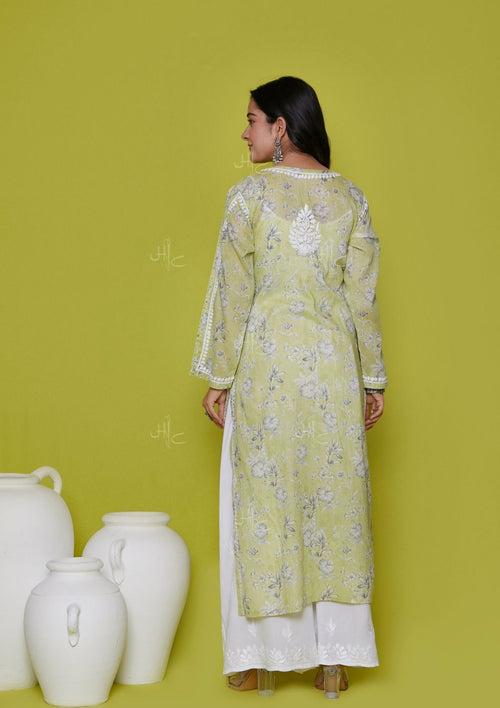 Mulmul Chikankari Printed Women's Long Kurta - Green