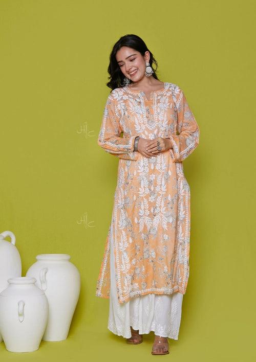 Mulmul Chikankari Printed Women's Long Kurta - Orange