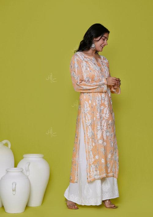 Mulmul Chikankari Printed Women's Long Kurta - Orange