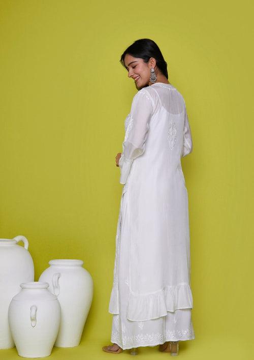 Muslin Chikankari Solid Women's Long Kurta - White