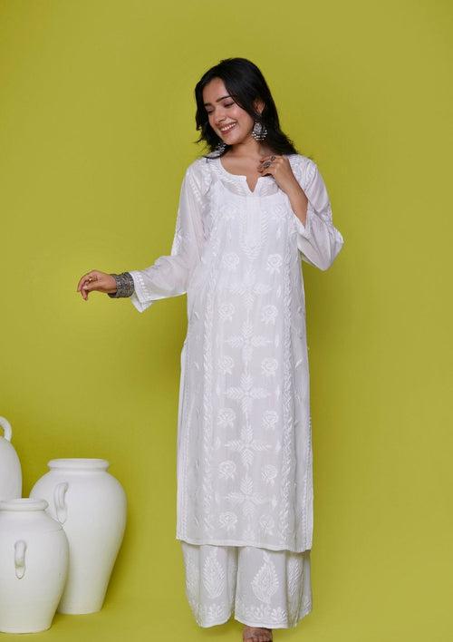 Muslin Chikankari Solid Women's Long Kurta - White