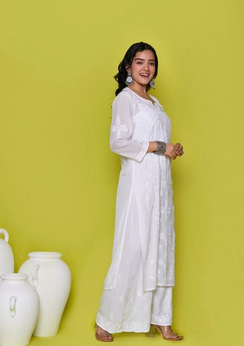 Muslin Chikankari Solid Women's Long Kurta - White