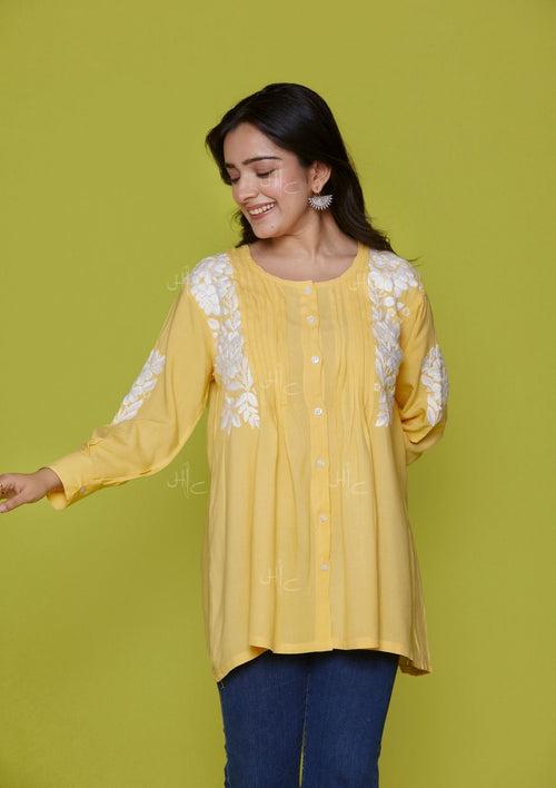 Rayon Chikankari Solid Women's Shirt - Yellow