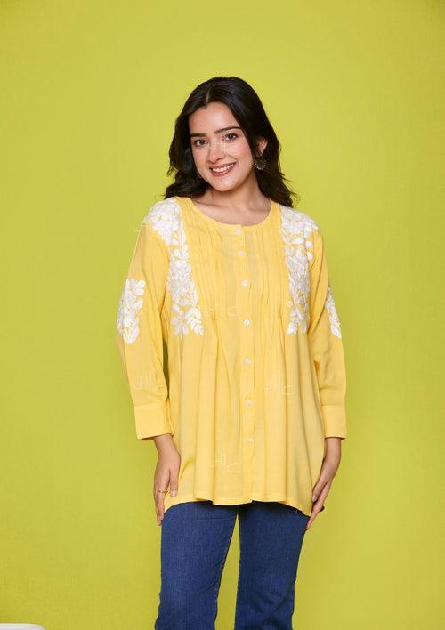 Rayon Chikankari Solid Women's Shirt - Yellow