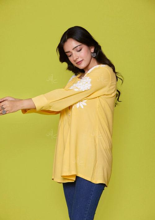 Rayon Chikankari Solid Women's Shirt - Yellow