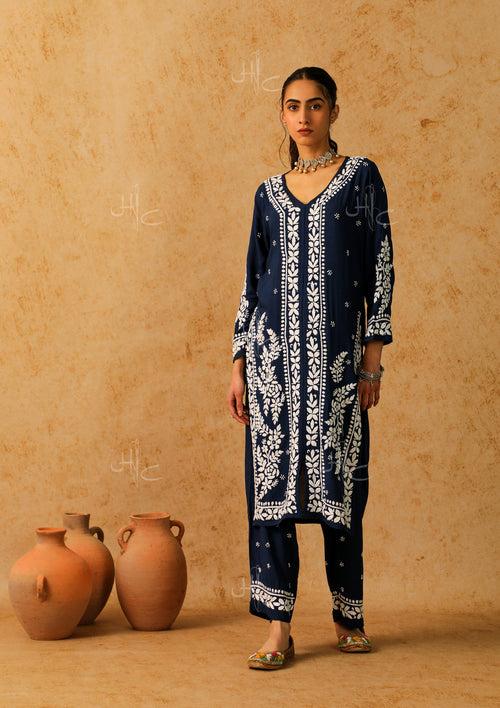 Modal Chikankari Solid Women's 2 Piece Long Kurta Set - Navy Blue