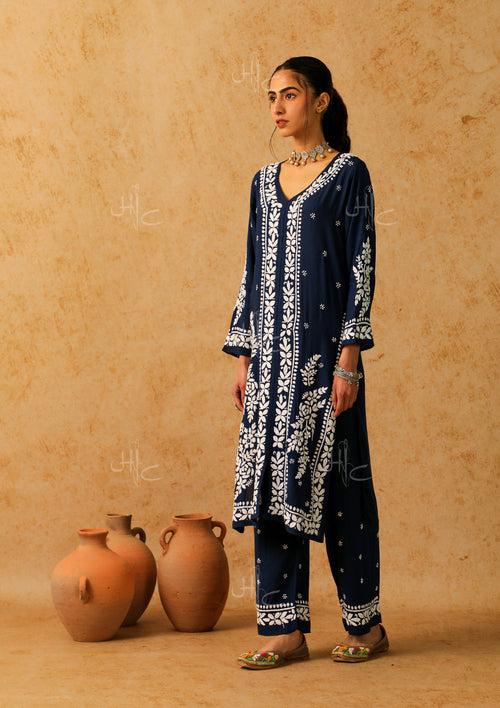 Modal Chikankari Solid Women's 2 Piece Long Kurta Set - Navy Blue