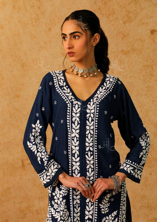 Modal Chikankari Solid Women's 2 Piece Long Kurta Set - Navy Blue