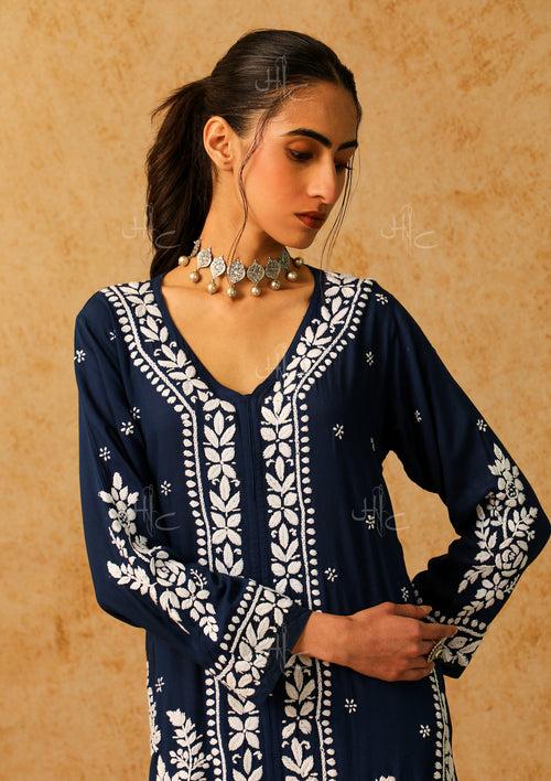 Modal Chikankari Solid Women's 2 Piece Long Kurta Set - Navy Blue