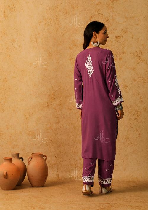 Modal Chikankari Solid Women's 2 Piece Long Kurta Set - Purple