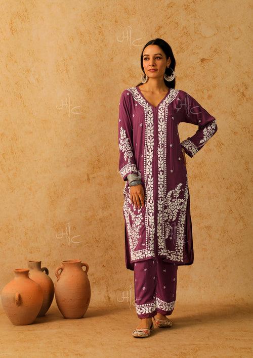 Modal Chikankari Solid Women's 2 Piece Long Kurta Set - Purple