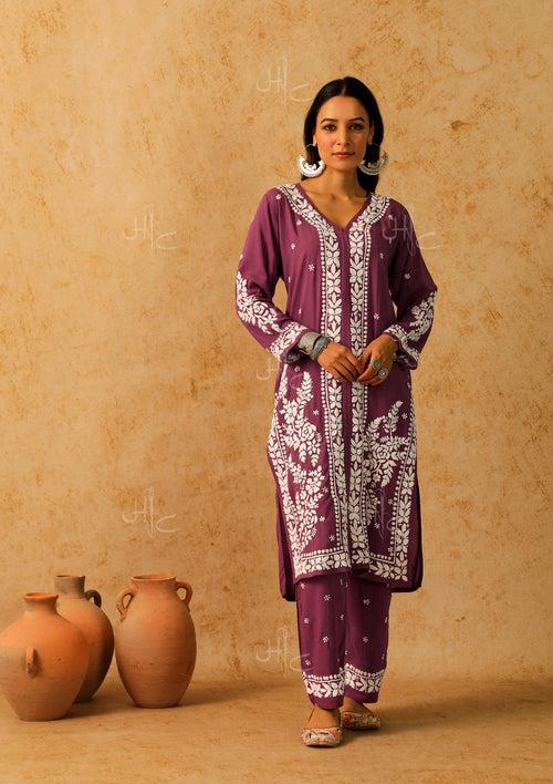 Modal Chikankari Solid Women's 2 Piece Long Kurta Set - Purple