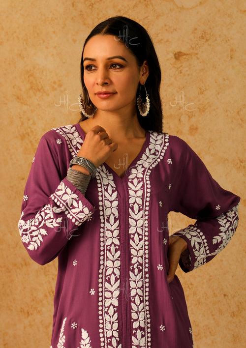 Modal Chikankari Solid Women's 2 Piece Long Kurta Set - Purple