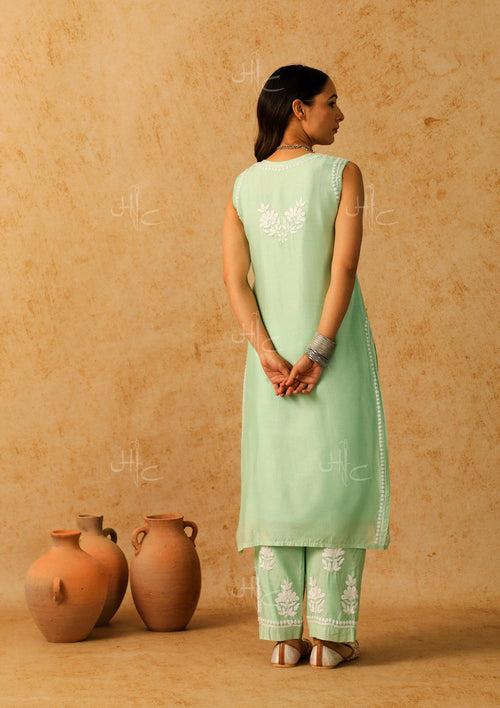 Chanderi Chikankari Solid Women's 3 Piece Kurta Set - Green