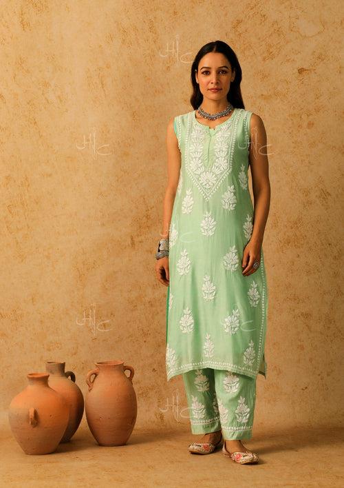 Chanderi Chikankari Solid Women's 3 Piece Kurta Set - Green