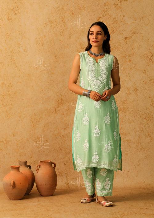 Chanderi Chikankari Solid Women's 3 Piece Kurta Set - Green