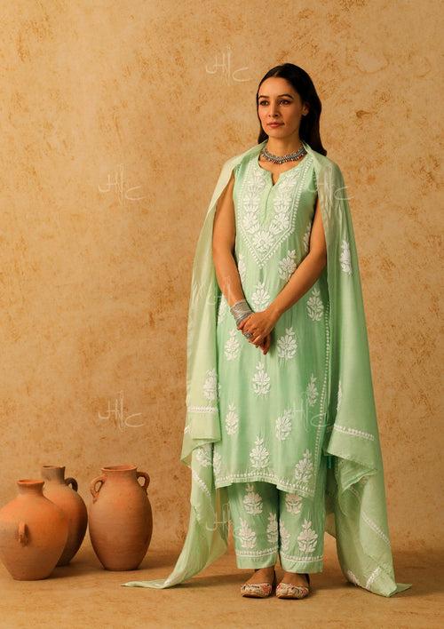 Chanderi Chikankari Solid Women's 3 Piece Kurta Set - Green