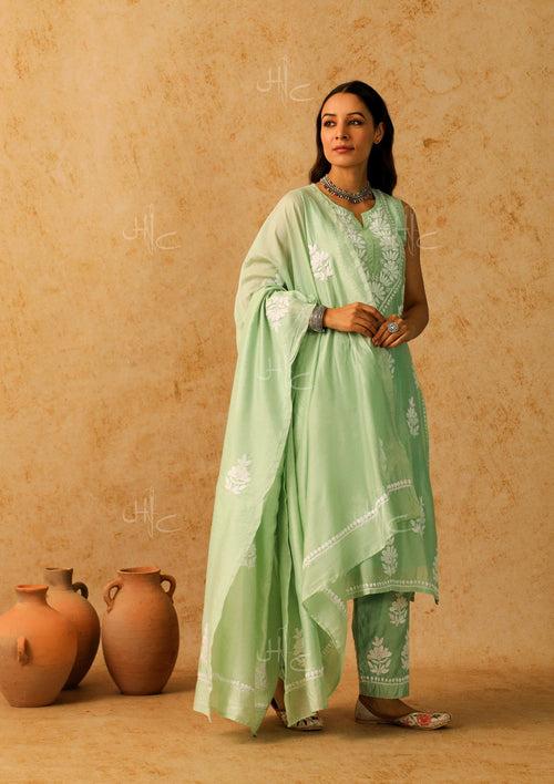 Chanderi Chikankari Solid Women's 3 Piece Kurta Set - Green