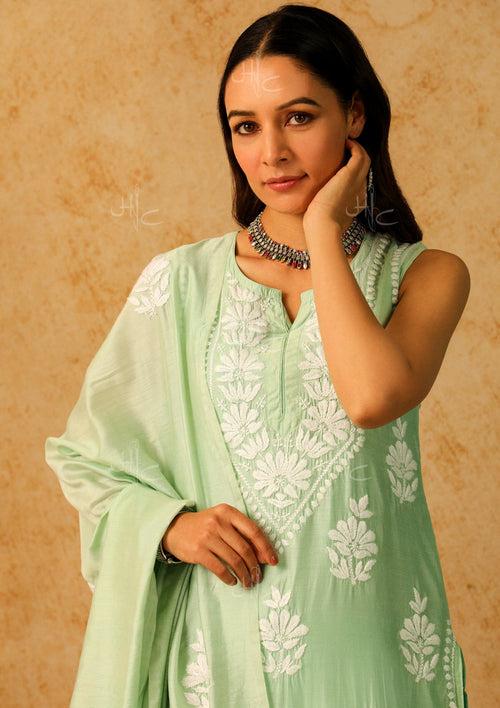 Chanderi Chikankari Solid Women's 3 Piece Kurta Set - Green