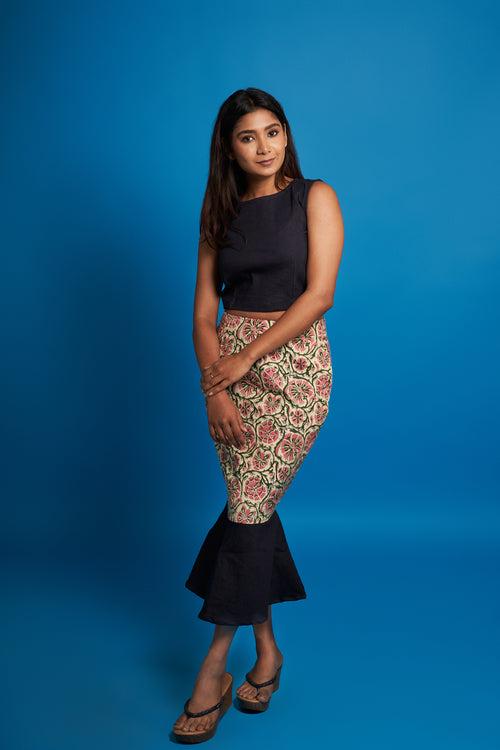 Black Printed Denim Top & Skirt