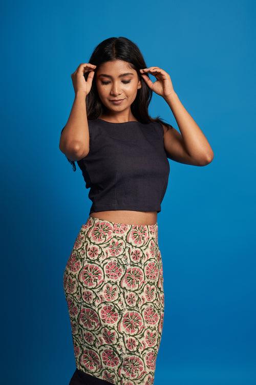 Black Printed Denim Top & Skirt