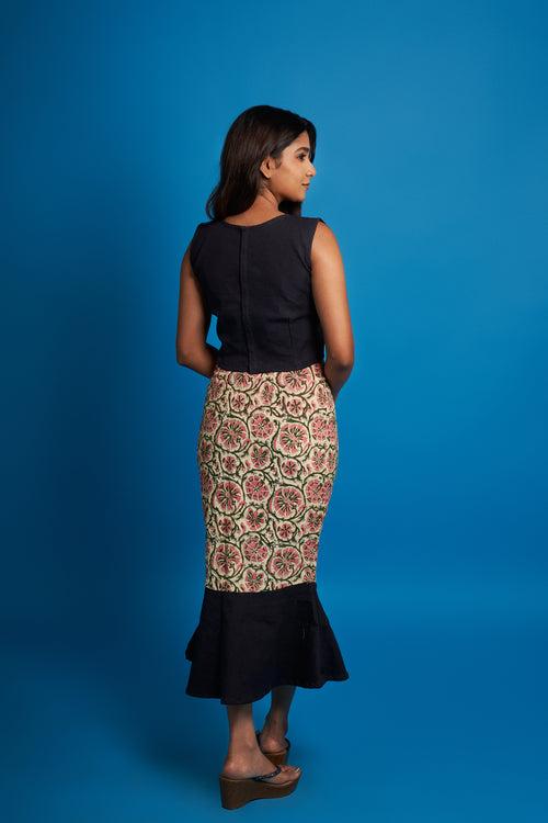 Black Printed Denim Top & Skirt