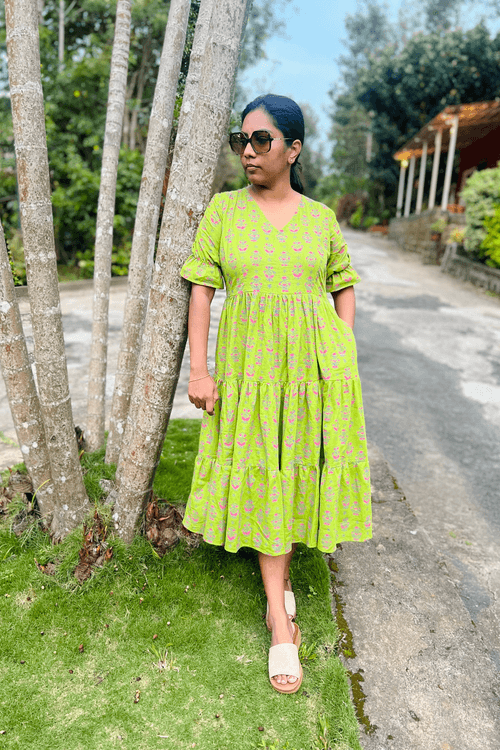 Green Block Print layered Cotton Dress