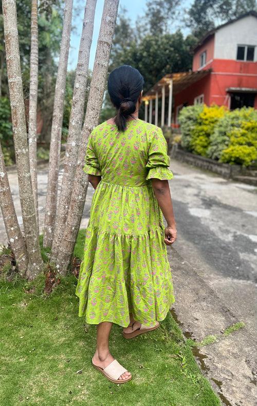 Green Block Print layered Cotton Dress