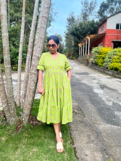 Green Block Print layered Cotton Dress